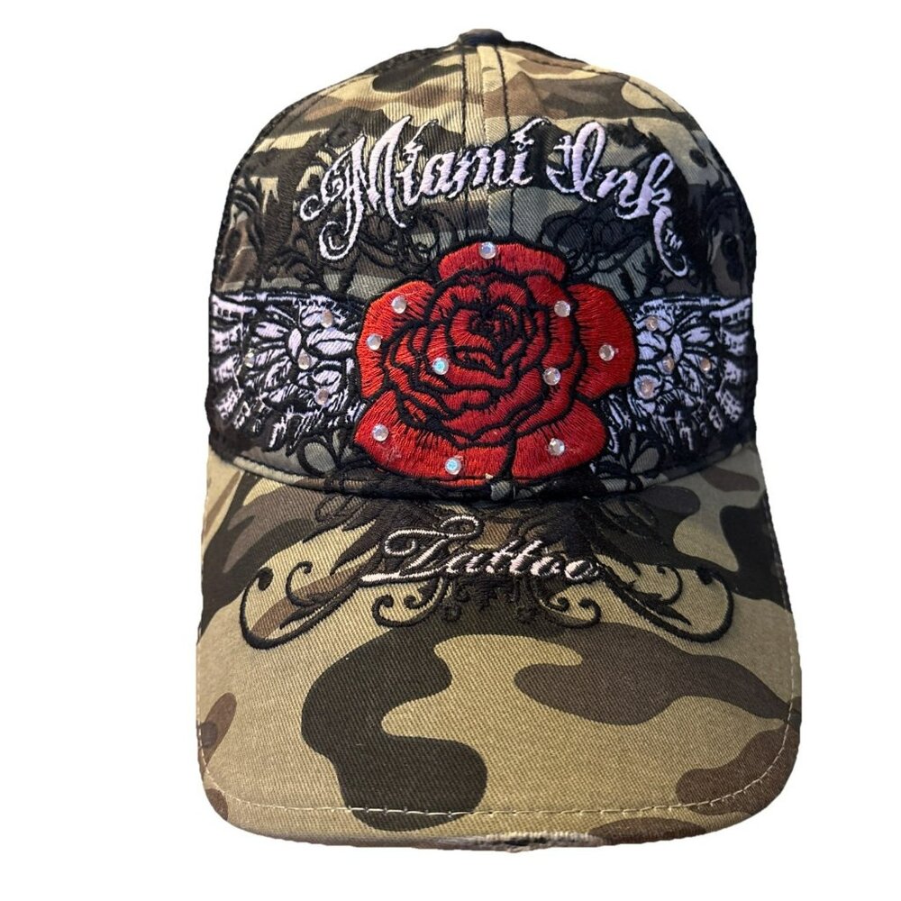 Miami Ink Tattoo Camo Rose mesh back distressed style ball cap hat Retro